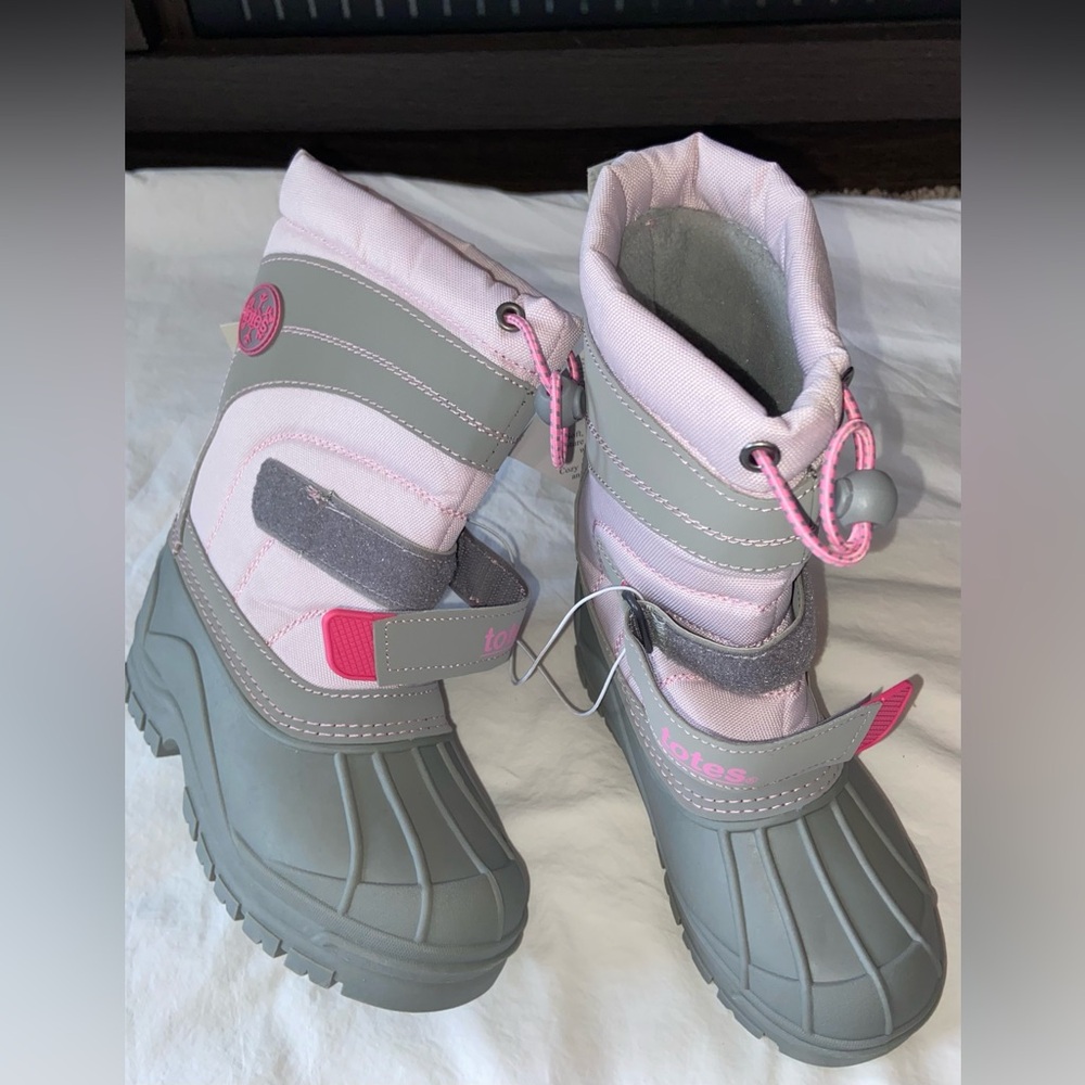 NWT Totes Sz-2 GS Kids Pink/Gray Warm Winter Snow Boots-Great Tread, Easy On/Off - Picture 11 of 16